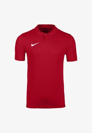 Czerwona koszulka polo z krótkim rękawem, dwoma guzikami i białym logo Nike swoosh po prawej stronie klatki piersiowej.