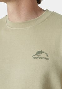 Svetle zelená mikina s kulatým výstřihem. Na levé části hrudi se nachází malé, tmavě zelené logo znázorňující hory a slunce.