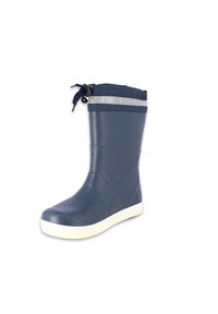 Botte en caoutchouc imperméable marine avec une semelle texturée blanche, un accent gris sur le haut, et une fermeture à cordon, présentant un extérieur lisse.