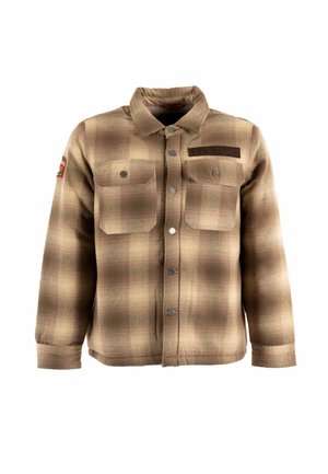 Veste à carreaux brune avec deux poches poitrine, un devant à boutons et un col. Possède une patch en tissu sur la partie gauche de la poitrine.