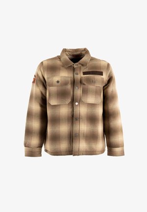 Chaqueta de cuadros marrones con dos bolsillos en el pecho, cierre de botones y un cuello. Presenta un parche de tela en la zona del pecho izquierdo.