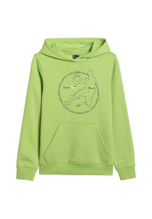 Jasnozielona bluza z kapturem, przednią kieszenią i czarną sportową grafiką przedstawiającą rzucającego sportowca oraz motywującym napisem.