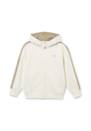 Sudadera con capucha blanca con cremallera, rayas beige a lo largo de las mangas, forro interior beige en la capucha, dos bolsillos delanteros y pequeño logo FILA en el pecho.