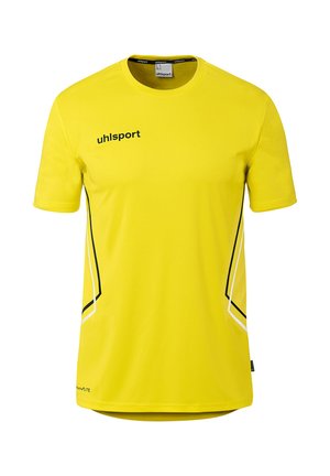 Gelbes Sportshirt mit kurzen Ärmeln, schwarzen und weißen Seitenstreifen und „uhlsport“-Logo auf der Brust.