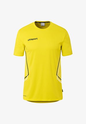 Gelbes Sportshirt mit kurzen Ärmeln, schwarzen und weißen Seitenstreifen und „uhlsport“-Logo auf der Brust.