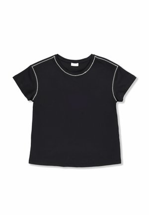 T-shirt nera a maniche corte con scollatura rotonda, caratterizzata da cuciture a contrasto lungo le spalle e il colletto. Materiale morbido, vestibilità standard.