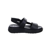 Black open-toe sandal with two wide straps across the foot and an elastic back strap, featuring a thick sole for comfort.