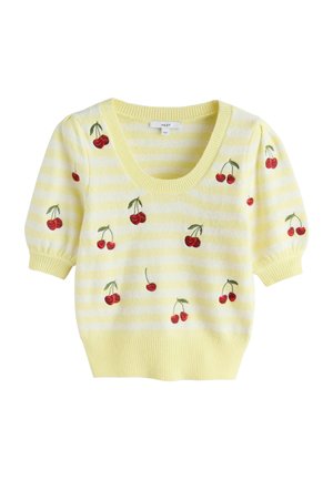 Gelber Kurzarm-Pullover mit weißen Streifen, verziert mit roter Kirschstickerei und weitem Rundhalsausschnitt. Gerippter Saum und Bündchen.