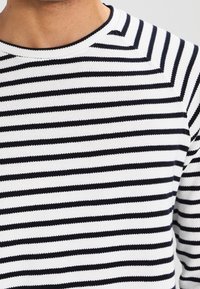 Mężczyzna noszący sweter dzianinowy w białe i czarne poziome paski z okrągłym dekoltem, skrócony na szyi i ramionach.