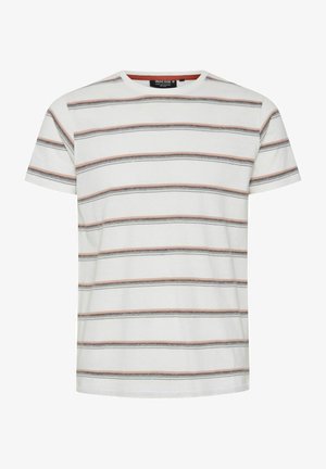 Gestreepte T-shirt van lichtgewicht stof met horizontale strepen in rood, grijs en wit. Klassieke ronde hals en korte mouwen.