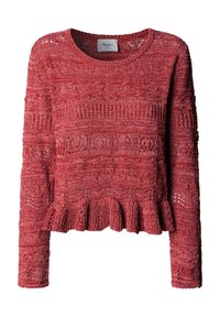 Roter gestrickter Pullover mit langen Ärmeln, strukturierten Mustern und einem gerüschten Saum, mit rundem Ausschnitt und aufwändigen offenen Strickdetails.