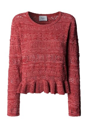 Rode gebreide trui met lange mouwen, voorzien van gestructureerde patronen en een gerimpelde zoom, met een ronde halslijn en verfijnde opengewerkte details.