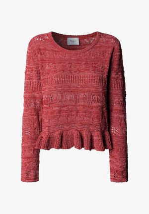 Pull rouge en maille à manches longues avec motifs texturés et ourlet à volants, doté d'un col rond et de détails en tricot ajouré complexe.