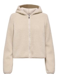 Cream-colored fleece hoodie with a zip front, hood, and soft texture. Features long sleeves and a cropped design. No additional accents.