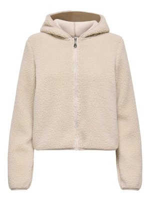 Cream-colored fleece hoodie with a zip front, hood, and soft texture. Features long sleeves and a cropped design. No additional accents.