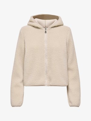 Cream-colored fleece hoodie with a zip front, hood, and soft texture. Features long sleeves and a cropped design. No additional accents.