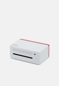 Compact white device with a red accent, featuring a vented side, a black slot on the front, and a small power indicator.