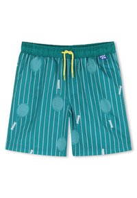 Τιρκουάζ μαγιό με κάθετες λευκές ρίγες. Διακοσμημένο με μοτίβο ρακέτας τένις και κίτρινο κορδόνι. Κατασκευασμένο από ελαφρύ ύφασμα.