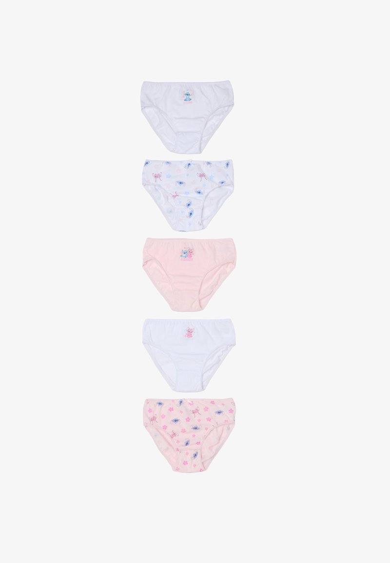Cinco pares de ropa interior de algodón para niños en blanco y rosa, algunos con estampados de personajes de dibujos animados en azul y rosa, dispuestos verticalmente sobre un fondo blanco.