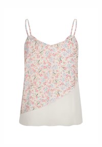 Blumen-Camisole-Top mit einem mehrfarbigen, gemusterten Stoffüberzug, dünnen Trägern und einem schlichten weißen Rückenteil. Atmungsaktives Material.