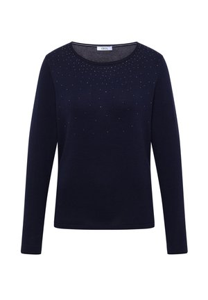 Marineblauer Pullover mit langen Ärmeln und Rundhalsausschnitt, mit verstreuten kleinen silbernen Nieten über der oberen Brust und den Schultern.
