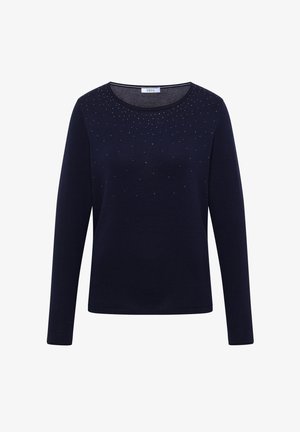 Marineblauer Pullover mit langen Ärmeln und Rundhalsausschnitt, mit verstreuten kleinen silbernen Nieten über der oberen Brust und den Schultern.