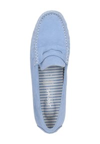 Light blue suede moccasin with a stitched design, featuring a smooth texture and striped fabric lining. Accents include decorative stitching.