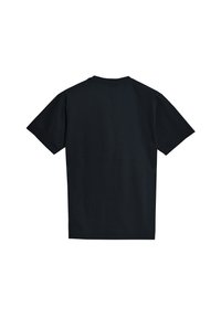 Černé bavlněné tričko s krátkým rukávem, kulatým výstřihem a jednoduchým designem. Na zadní straně nejsou viditelné grafiky ani ozdoby.