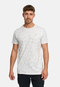 Hellgraues Kurzarm-T-Shirt mit einem strukturierten, gesprenkelten Muster und einem runden Ausschnitt. Verfügt über ein kleines Logo-Detail auf der Brust.