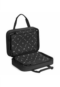 Custodia da viaggio nera con forma rettangolare strutturata, dotata di chiusura a zip e rivestimento interno con motivo e accenti bianchi.