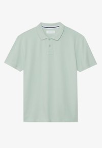 Light green polo shirt made of cotton, featuring a classic collar, three-button placket, and short sleeves. Smooth texture with no patterns.