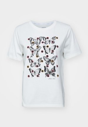 White cotton t-shirt featuring a print of black and colored butterflies with circular accents. Short sleeves and crew neck design.