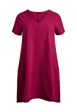 Kleid mit kurzen Ärmeln in kräftigem Pink, mit V-Ausschnitt, zwei seitlichen Taschen und lockerer Passform aus leicht strukturierter Stoffqualität.