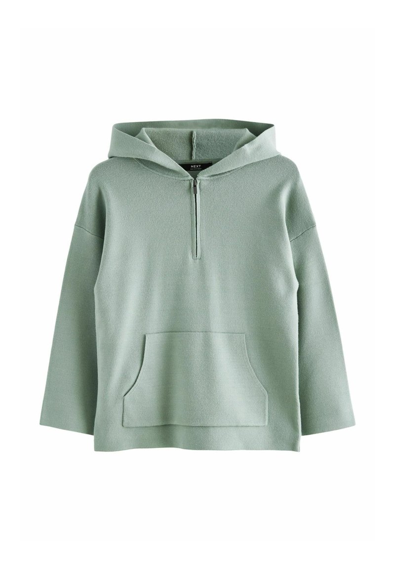Heleda roheline pullover, millel on neljandik tõmblukk ja mis on valmistatud pehmest kangast. Omab ees kangaroo taskut ja langenud õmblusi.