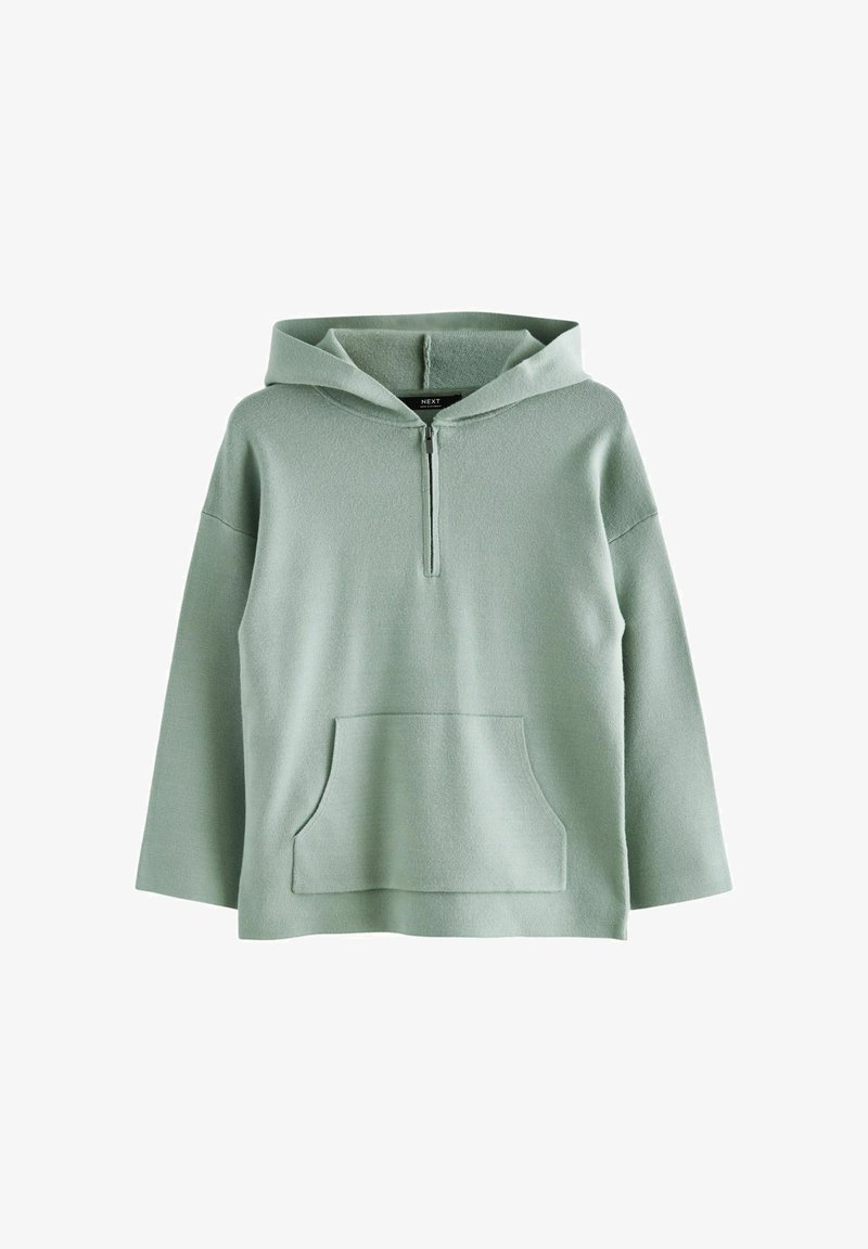 Hellgrüner Kapuzenpullover mit einem Viertel-Reißverschluss, aus weichem Stoff gefertigt. Verfügt über eine Kängurutasche auf der Vorderseite und gesenkte Schulternaht.
