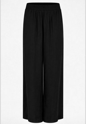 Pantalon noir à jambes larges avec taille élastique, coupe ample et tissu lisse, présenté sur un fond blanc uni.