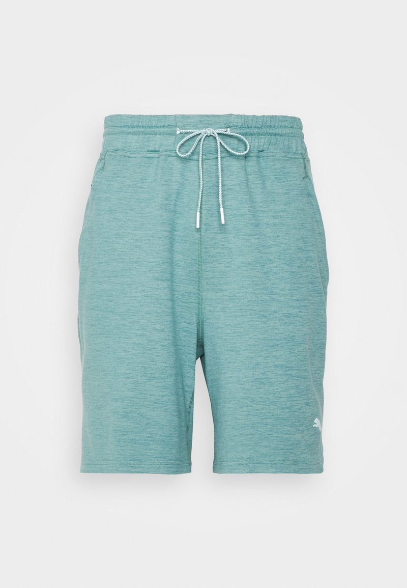 Shorts de sport turquoise en texture chinée, avec une taille élastique dotée d'un cordon de serrage et un petit logo sur la jambe inférieure.