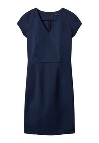 Robe bleu marine en tissu lisse, dotée d'un décolleté en V, de manches courtes et d'une taille cintrée, avec un détail de couture près de l'ourlet.