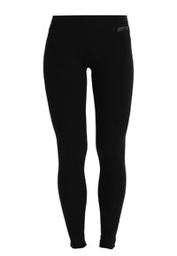 Leggings noirs en tissu extensible, avec une coupe ajustée, une taille élastique et un petit logo en haut.