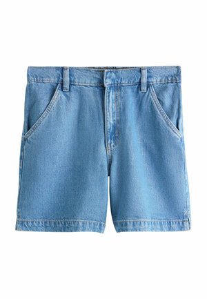 Light blue denim shorts with two front pockets, belt loops, and a front button closure.