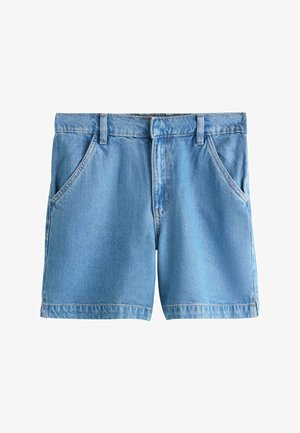Shorts en denim bleu clair avec deux poches avant, passants pour ceinture et fermeture avant par bouton.