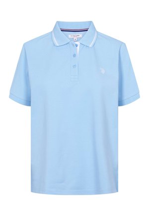 Helehall sinise lühikeste varrukatega polosärk, millel on kolm nuppu, valge triibuline krae ja vasakul rinnal väike tikitud logo.