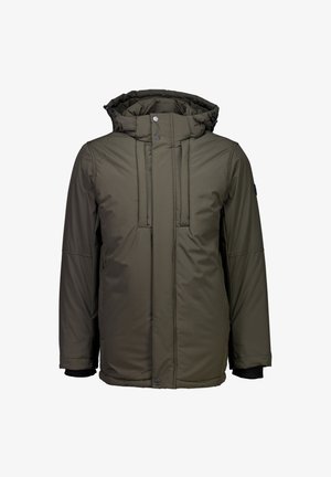 Męska oliwkowa zimowa kurtka z kapturem, z przodu na zamek błyskawiczny, zatrzaskami i ściągaczami, zaprojektowana na zimne dni.