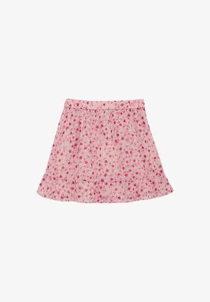 Jupe courte rose avec un petit motif floral rouge et blanc et un ourlet à volants, taille élastique.