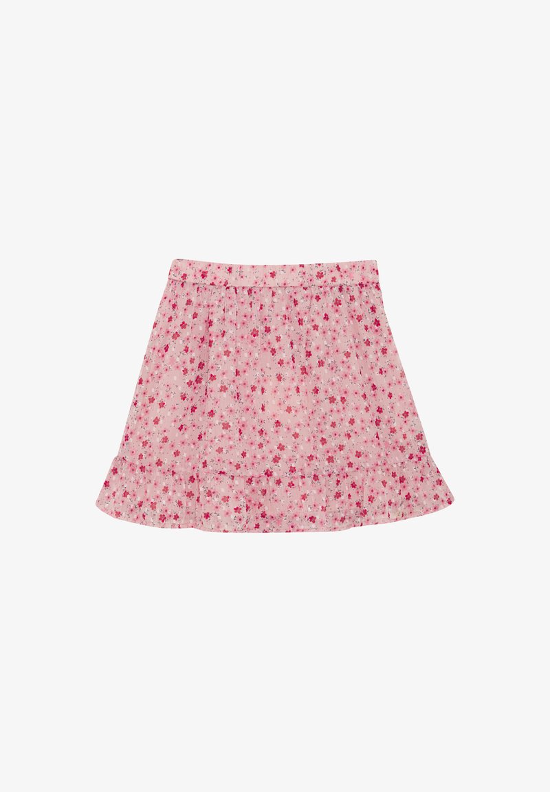 Różowa krótka spódnica w drobny czerwono-biały wzór kwiatowy, z falbaną na dole i elastycznym pasem.