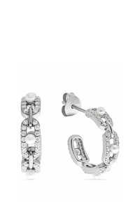 Silberne Creolen mit ineinandergreifenden Kettengliedern, besetzt mit Zirkonia-Akzenten und kleinen weißen Perlen. Glatte Oberfläche, polierte Ausführung.