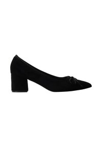 Chaussure noire en daim à petit talon carré, avec bout pointu et petit nœud décoratif sur le dessus, vue de profil sur fond blanc.