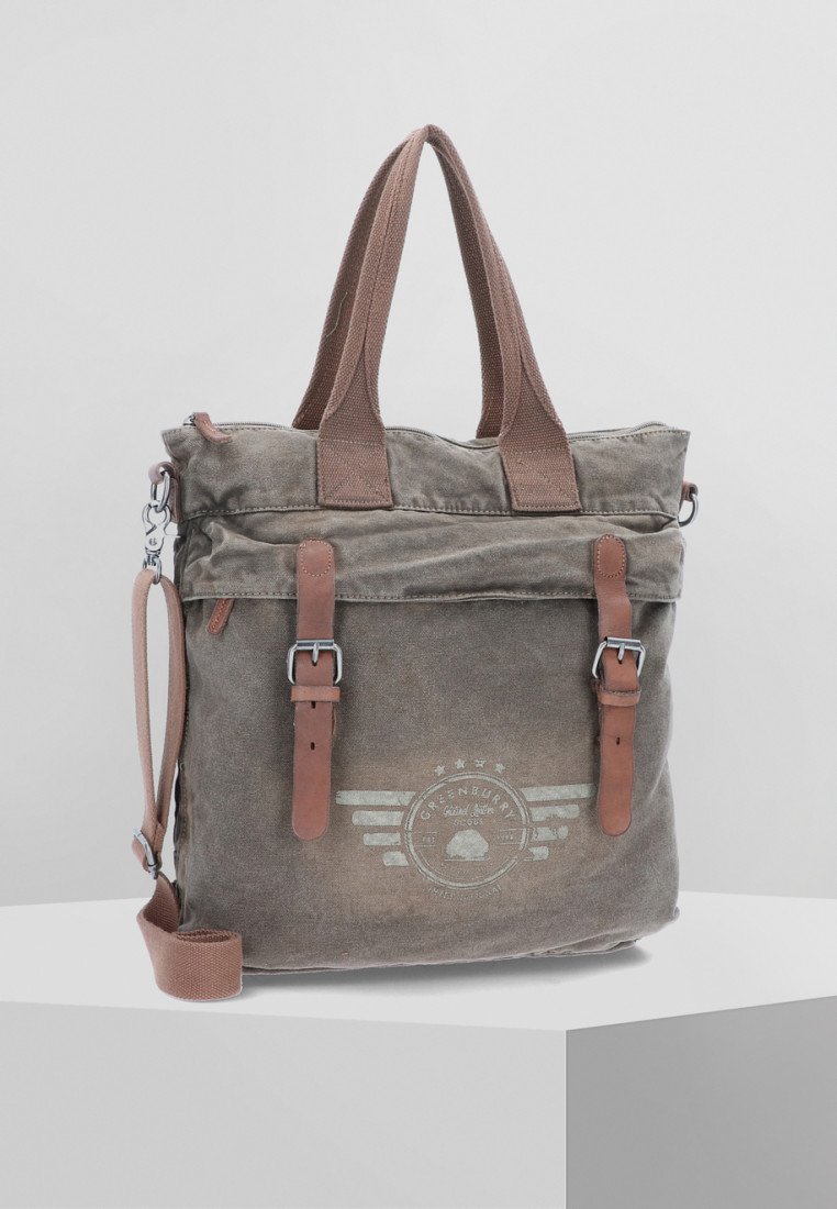 Borsa tote in tela grigia con dettagli in pelle marrone, manici superiori, tracolla regolabile e stampa del logo con ali e testo.
