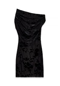 Black off-shoulder dress with floral velvety texture, draped design, and fitted silhouette. Short length and smooth fabric finish.