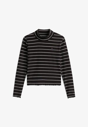Sort langærmet ribstrikket top med hvide vandrette striber, mock-neck, salatkant ved ærmerne og bunden, lille logo på venstre bryst.
